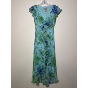 Breakin Loose Floral Ruffle Midi Dress‎ Blue Green V-Neck Size 7/8 Flowy Y2K